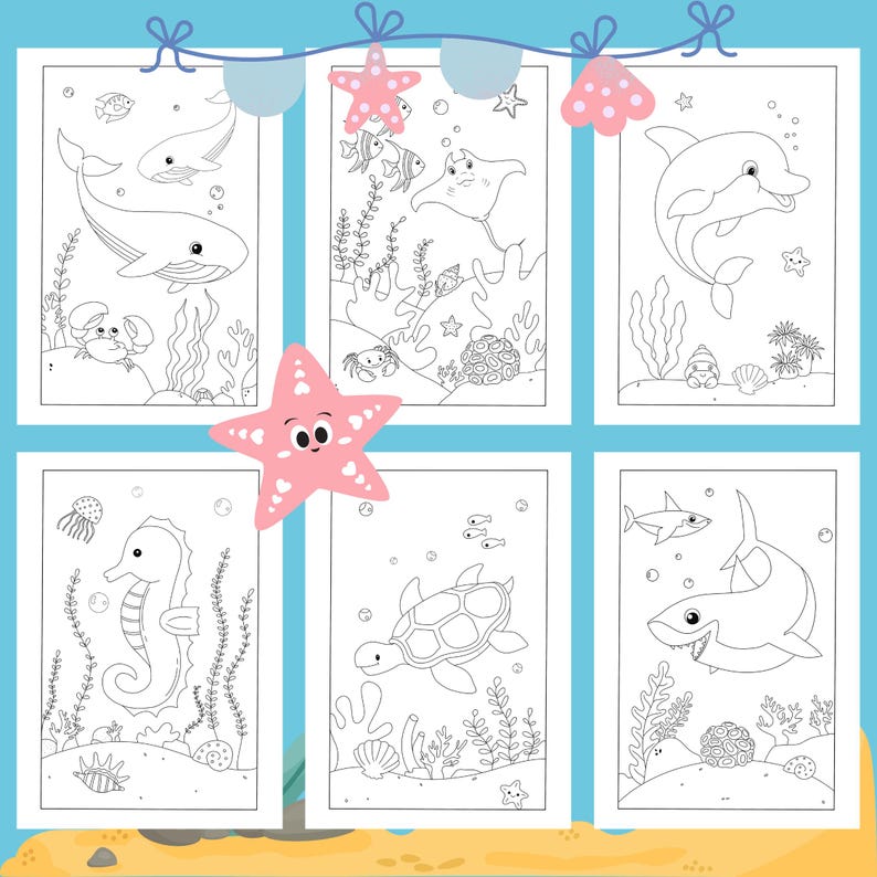 Puede incluir: P&aacute;ginas para colorear en blanco y negro con varias criaturas marinas, incluyendo una ballena, un delf&iacute;n, un caballito de mar, una tortuga y un tibur&oacute;n. Cada p&aacute;gina tiene un dise&ntilde;o simple con los contornos de los animales y las algas marinas circundantes.