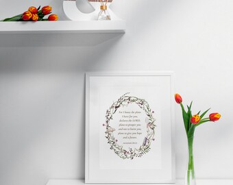 Scripture Wall Art, Jeremiah 29:11 Christian Bible Verse Quotes, Watercolor Wildflower Botanical Floral Art Prints - INSTANT DOWNLOAD