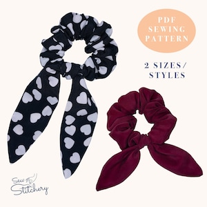 May include: PDF sewing pattern for two styles of hair scrunchies. One scrunchie is black with white hearts and the other is burgundy. Both scrunchies have a bow.