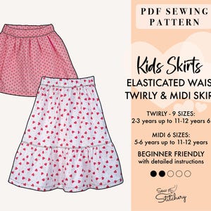 May include: PDF sewing pattern for kids' skirts with elasticated waist. Includes two styles: a twirly skirt and a midi skirt. The pattern comes in 9 sizes for the twirly skirt and 6 sizes for the midi skirt. The pattern is beginner friendly and includes detailed instructions. The image shows two skirts with pink and white heart patterns.