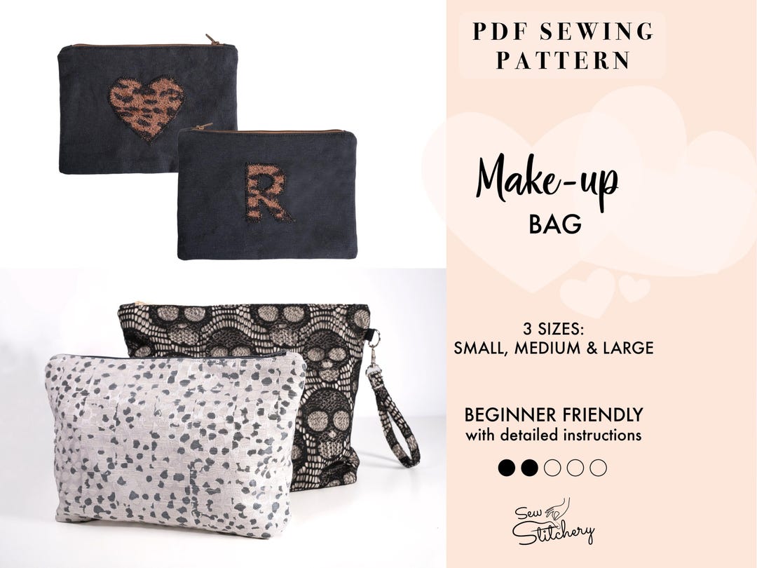 Makeup Bag Sewing Pattern: Applique Initial, 3 Sizes (PDF Pattern and ...
