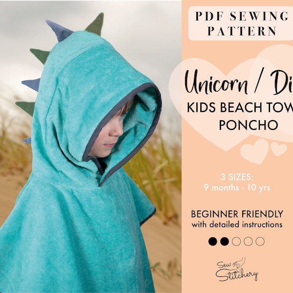 Poncho de toalla de playa para niños Patrón de costura PDF / Unicornio / Dino / Patrón descargable / Patrón de costura PDF de toalla de cambio de playa e instrucciones