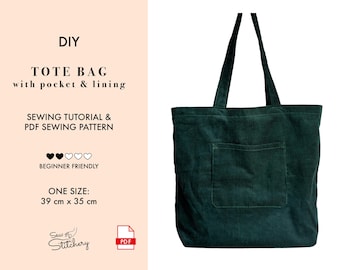 May include: A dark green corduroy tote bag with two shoulder straps and a front pocket. The text reads: DIY TOTE BAG with pocket & lining, SEWING TUTORIAL & PDF SEWING PATTERN, BEGINNER FRIENDLY, ONE SIZE: 39 cm x 35 cm, Sew Stitchery, PDF.