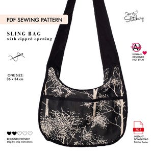 May include: A black sling bag with a white tree and blossom print, featuring a zipped opening and a shoulder strap. Text includes PDF SEWING PATTERN, SLING BAG with zipped opening, ONE SIZE: 36 x 34 cm, BEGINNER FRIENDLY, and HUMAN DESIGNED NOT BY AI.