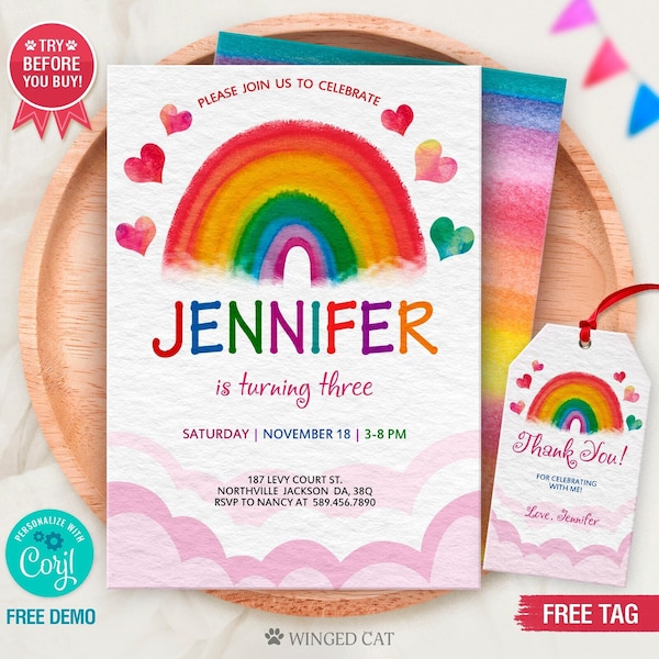 Editable Rainbow Birthday Invitation, Rainbow Invitation, Rainbow Template, Rainbow thank you tag, 1st Birthday, 2nd Birthday, Digital