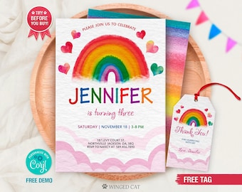 Editable Rainbow Birthday Invitation, Rainbow Invitation, Rainbow Template, Rainbow thank you tag, 1st Birthday, 2nd Birthday, Digital