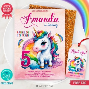 Editable Unicorn Rainbow Birthday Invitation, Unicorn Invitation, Unicorn Template Unicorn thank you tag 1st Birthday, 2nd Birthday, Any Age