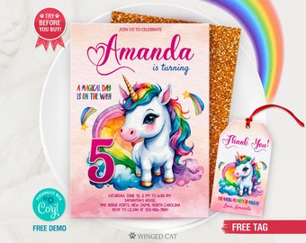 Editable Unicorn Rainbow Birthday Invitation, Unicorn Invitation, Unicorn Template Unicorn thank you tag 1st Birthday, 2nd Birthday, Any Age