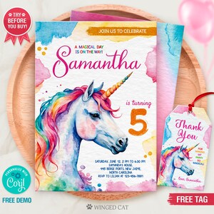 Unicorn Birthday Invitation I Rainbow Watercolor Unicorn Invitation I Glitter Pink Girl Magical Day I Digital Editable Printable I Any Age