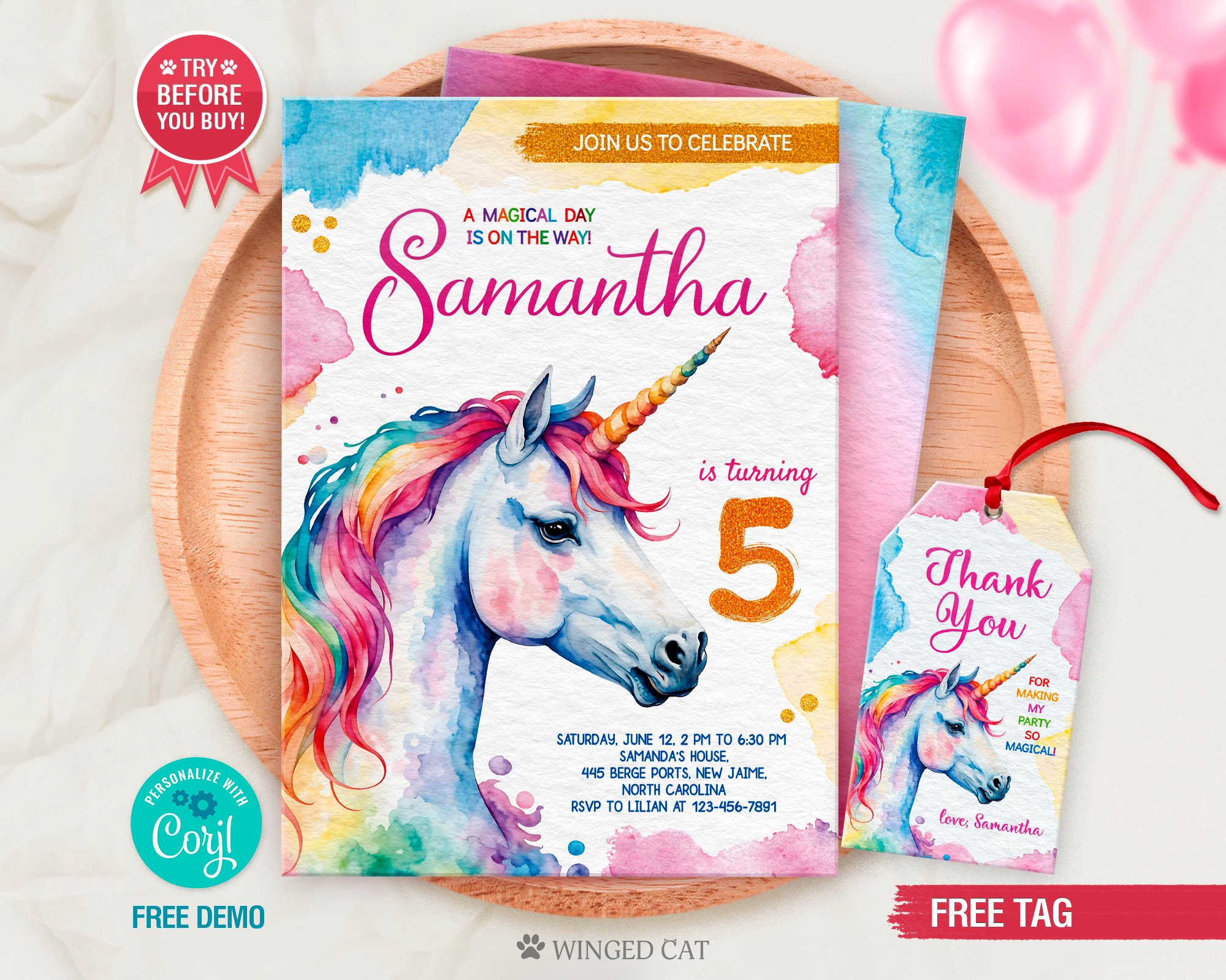 Unicorn Birthday Invitation I Rainbow Watercolor Unicorn Invitation I Glitter Pink Girl Magical Day I Digital Editable Printable I Any Age
