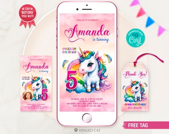 Unicorn Rainbow Birthday Invitation: Electronic Phone Template