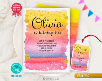 Editable Rainbow Birthday Invitation, Any Age, Watercolor, Rainbow Party, Digital Download, Colorful Rainbow Girl&#39;s Party, Glitter party