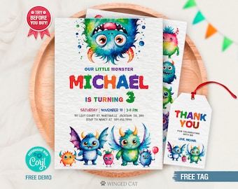 Editable Monster Birthday Invitation Template with Thank You Tag