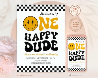 One Happy Dude Birthday Invitation Template, Printable Invitation, Editable Retro One Happy Dude First Birthday Party Invite
