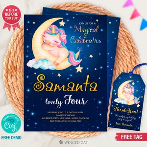 Unicorn Birthday Invitation I Magical Editable Unicorn Birthday Invite I Unicorn Party Invitation I Thank You Tag Printable Night Unicorn