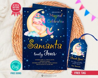 Magical Unicorn Birthday Invitation: Editable Party Invite, Thank You Tag (Digital)