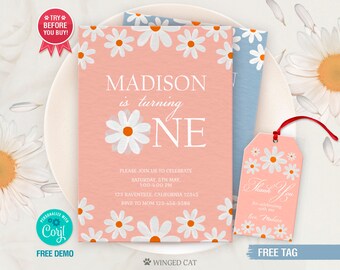 Daisy First Birthday Invitation: Editable Floral Evite (Digital)