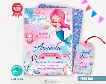 Mermaid Birthday Invitation: Under the Sea Party, Pink Theme (Editable, Instant Download)