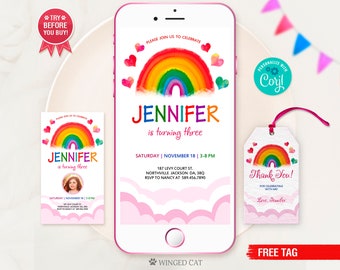 Rainbow Birthday Electronic Invitation: Phone Template, Thank You Tag (Digital)