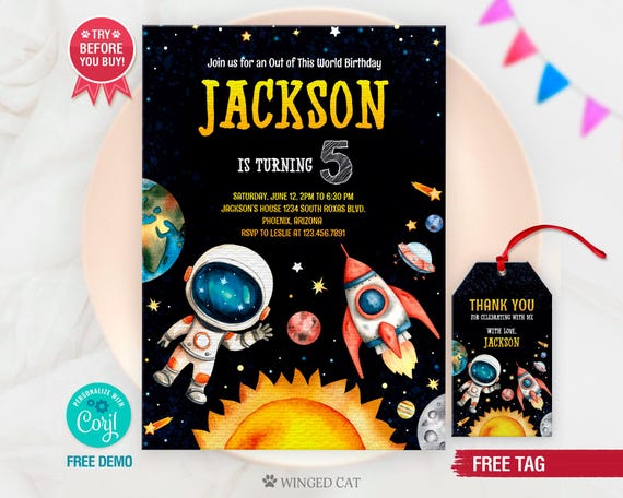 Space Birthday Invitation Template: Rocket, Planets (Digital Download)