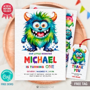 Monster Birthday Invitation Template with Thank You Tag (Editable)