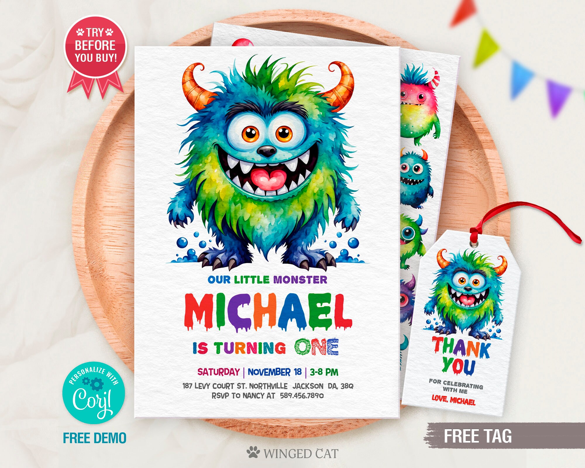 Monster Birthday Invitation Template, Monster Birthday Invitation, Monster thank you tag, Editable Template, Little Monster Party, Any age