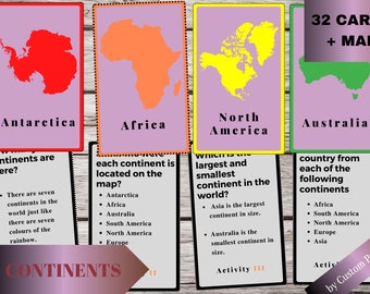 7 Kontynentów Montessori flashcards, 32-Piece Flashcards z pytaniami i odpowiedziami oraz mapą Świata , Karty Nomenklatury dla dzieci