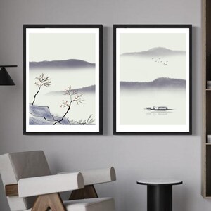Japanese Prints Set of 2 - Woodblock Art, Japanese Wall Art, Gallery Wall Art, Mountain Prints, Great Wave Print, Japandi Decor