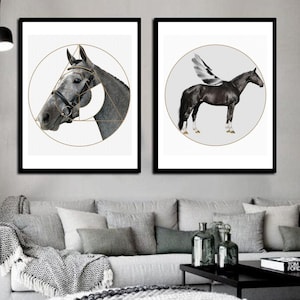 Set de 2 chevaux Prints, Equins Portraits Wall Art Set, Horse Print Black and White, Animal Art Horses, Horse Painting Wall Decor