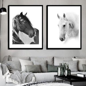 Set of 2 Horses Prints, Horses Portraits Wall Art Set, Horse Print Black and White, Animal Art Horses, Horse Painting Wall Decor
