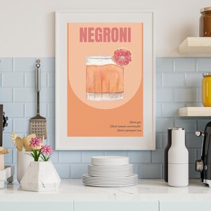 Impresión artística de Negroni - Póster de cóctel para decoración de carrito de bar - Letrero de bebida exclusiva para fiestas - Pared moderna - Minimalista, elegante, sofisticado, retro