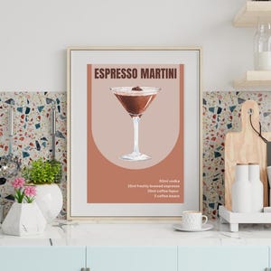 Impresión de martini espresso - Póster de cóctel para decoración de carrito de bar - Letrero de bebida exclusiva para fiestas - Pared moderna - Minimalista, elegante, sofisticado, retro