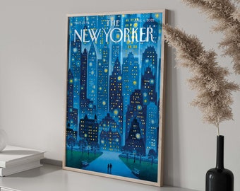 Blue New Yorker Poster New Yorker Cover Art Print New York City Poster Trendy Poster, Urban City Night Skyline Sky Scrapers, Stellar Night,