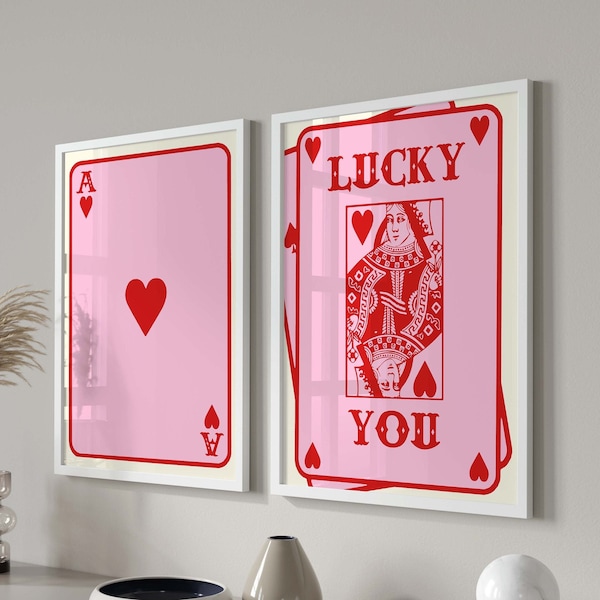 Queen of Hearts, Lucky You, Card Art Set Of 2 ,Retro Trendy Aesthetic Wall Art, Digital Download Print, Wall Decor, Large Printable Art