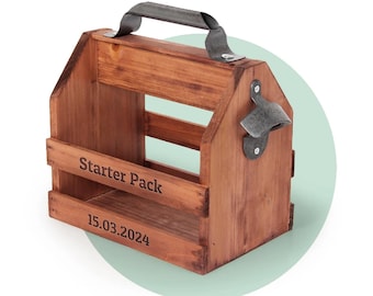 diamandi Personalisierter Bierträger aus Holz mit Gravur – 6er-Flaschenhalter mit Öffner – Geschenk für Männer, Vatertag, JGA, Geburtstag