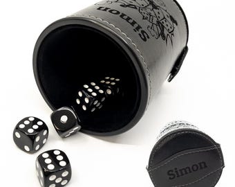diamandi Leder-Würfelbecher schwarz | verschiedene Motive | mit Wunschgravur | inklusive 5 Würfel