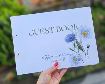 Libro de firmas de boda con flores azules: un recuerdo personalizado de tapa dura, un libro para escribir deseos.