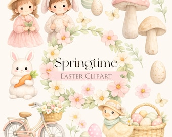 Conjunto de imágenes prediseñadas de Pascua en acuarela con un toque caprichoso: conejito de primavera en tonos pastel, niños, pato, corona floral, huevos y bicicleta.