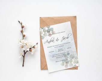 Invitación de boda de eucalipto: Tarjeta verde imprimible personalizada