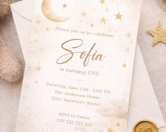 Invitación de primer cumpleaños celestial, invitación de luna y estrellas para niña, imprimible