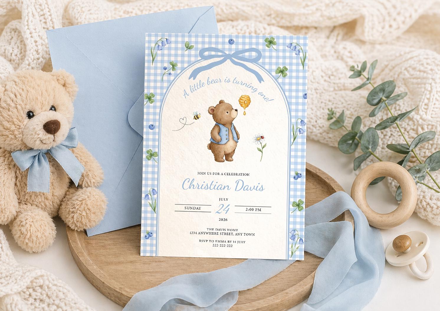 Teddy Bear Baby Shower or First Birthday Invitation Template, Blue ...