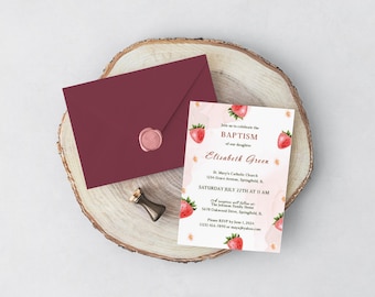 Invitación de bautizo de fresa / Invitación de cumpleaños / Invitación de bautizo de niña / Plantilla de bautizo imprimible / Descarga digital