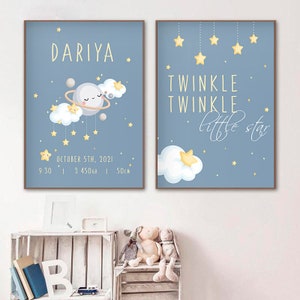 Juego de 2 carteles con nombre de bebé personalizados / CARTA NATAL / Anuncio de nacimiento / Regalo de nacimiento personalizado