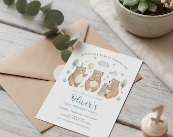 Invitación de primer cumpleaños de oso del bosque / Osos de acuarela (invitación digital o impresa)