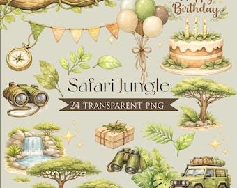 Imágenes prediseñadas de cumpleaños con temática de safari y jungla / Animales en acuarela, elementos de aventura (descarga instantánea)