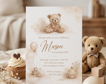 Invitación de cumpleaños personalizada con osito de peluche / Invitación minimalista y neutra para bebé / Fiesta de primer cumpleaños / La editamos para ti (imprimible)