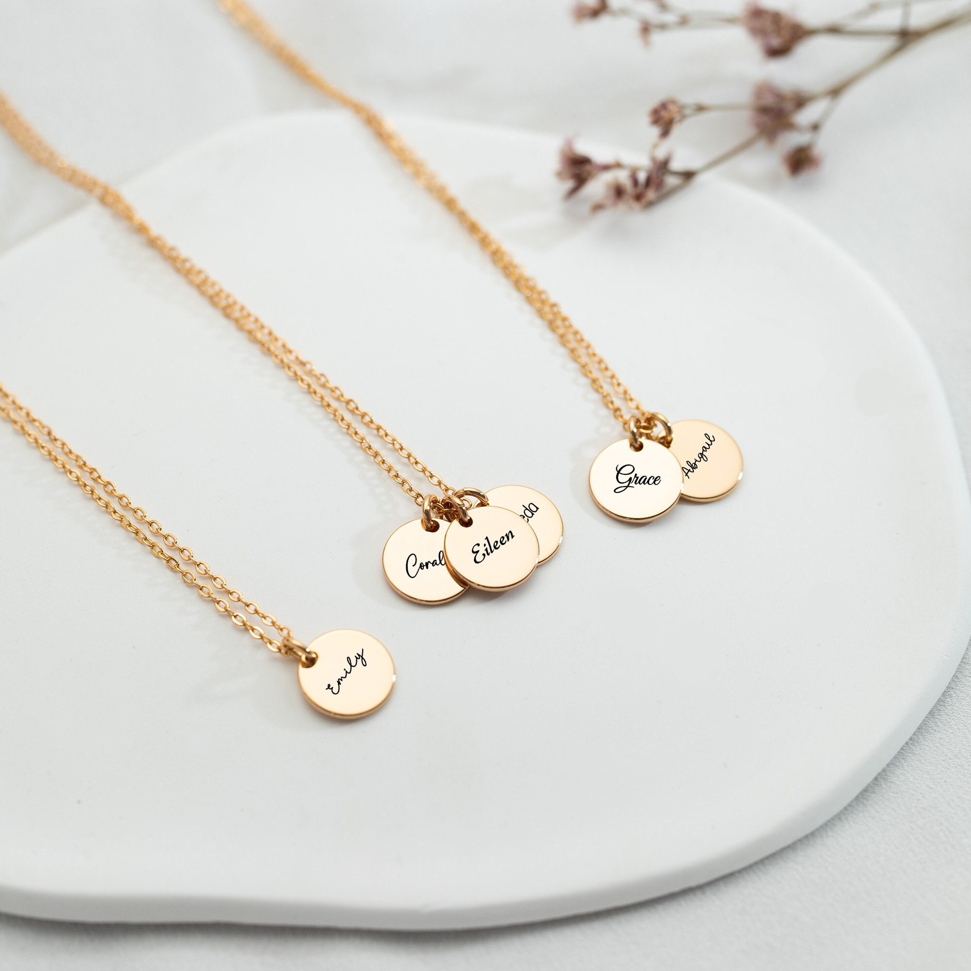 Hand engraved round disc monogram initials necklace in Sterling silver or  solid karate gold: 10K, 14K or 18K