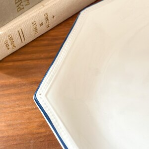 Pu&ograve; includere: Un piatto ottagonale in ceramica bianca con una texture a perline in rilievo lungo il bordo e un sottile bordo dipinto in blu navy. Il piatto presenta una finitura liscia e lucida con un design pulito che mette in risalto la forma geometrica.