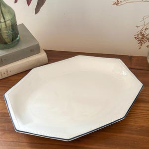 Pu&ograve; includere: Un piatto da portata ottagonale bianco con una finitura liscia e lucida e un sottile bordo blu scuro. Il piatto presenta un bordo leggermente rialzato con una delicata texture perlata, offrendo un design pulito ed essenziale per la presentazione.