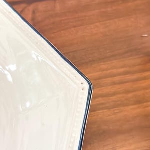 Pu&ograve; includere: Una ciotola in ceramica color crema con forma esagonale e un bordo blu scuro. Il bordo della ciotola presenta un dettaglio a perline in rilievo lungo la cornice. La superficie della ceramica &egrave; liscia e lucida, con una finitura bianco sporco.
